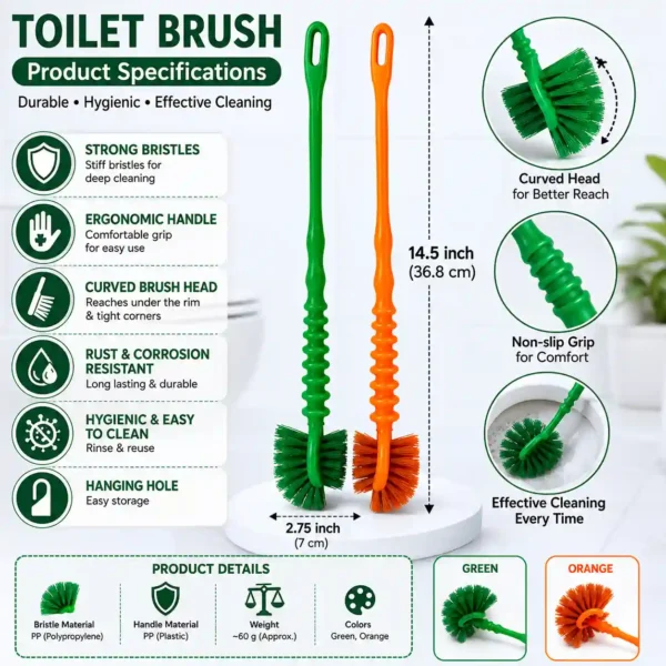 Professional toilet brush with strong bristles, curved head, and comfortable grip.
