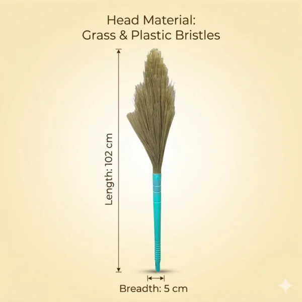 Natural broom with product dimension specification chart