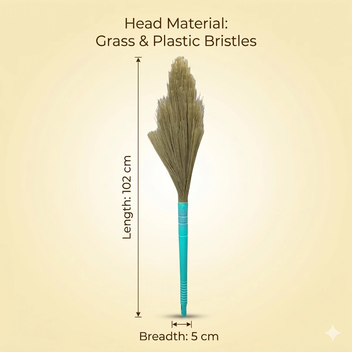 Natural broom with product dimension specification chart