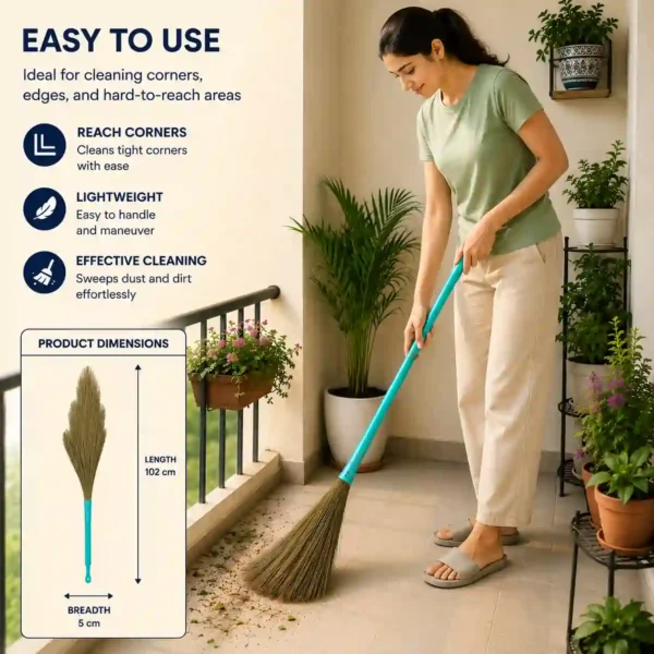 Woman cleaning balcony using long grass broom
