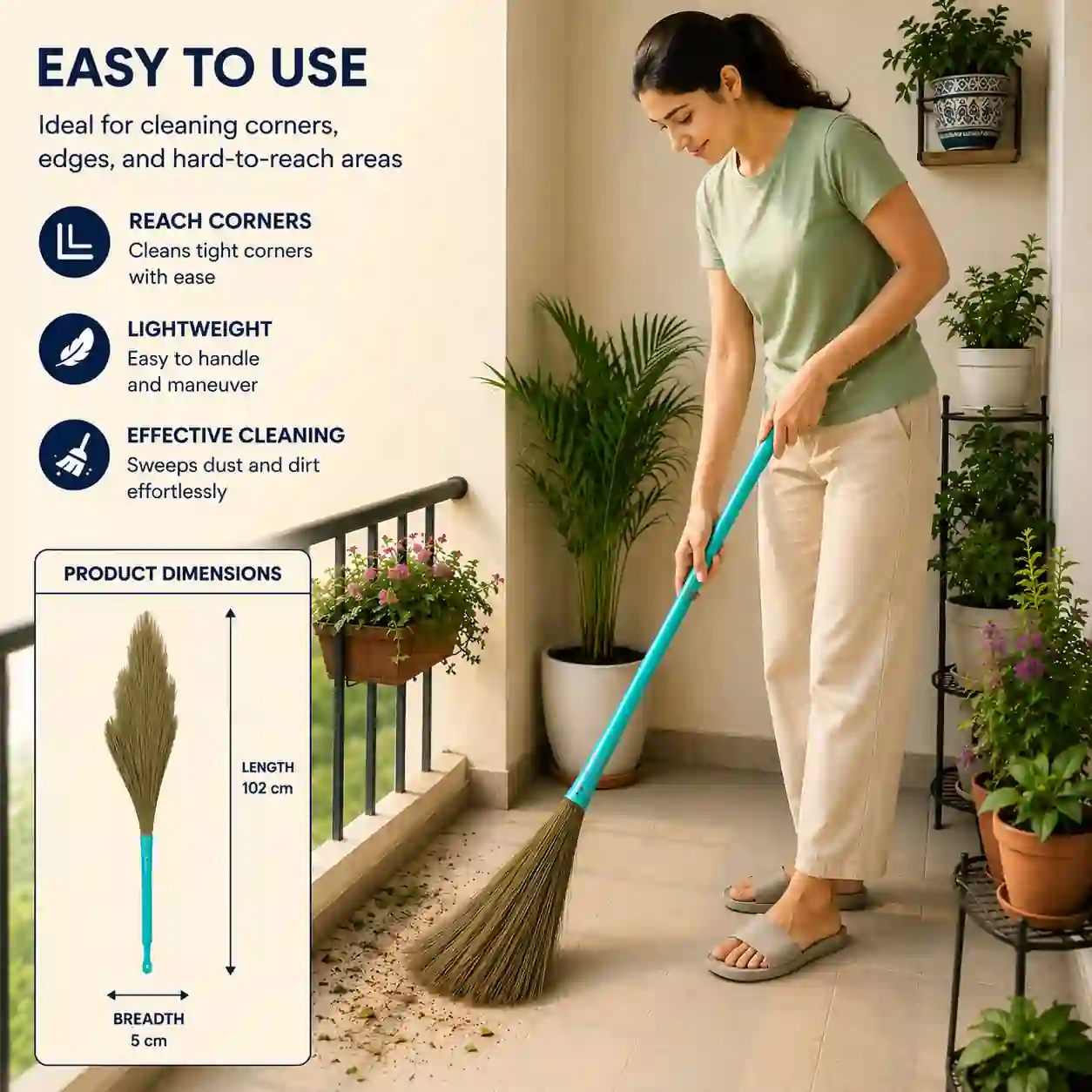 Woman cleaning balcony using long grass broom