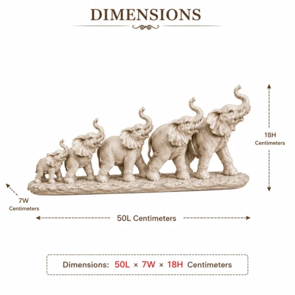 Elephant family figurine statue dimensions image showing 50L x 7W x 18H centimeters with five elephant design