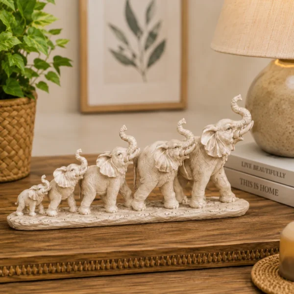 Elegant elephant family figurine statue with five resin elephants placed on wooden table in modern home decor