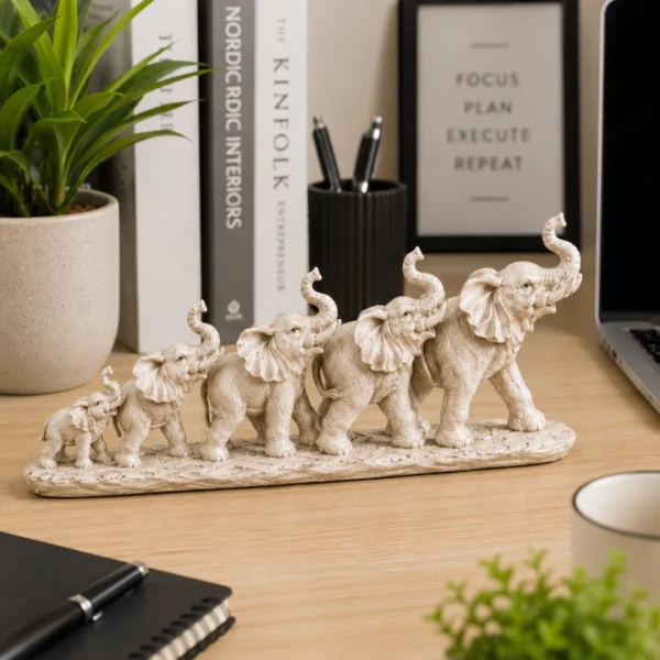 Decorative elephant family resin figurine displayed on modern office desk symbolizing strength and togetherness