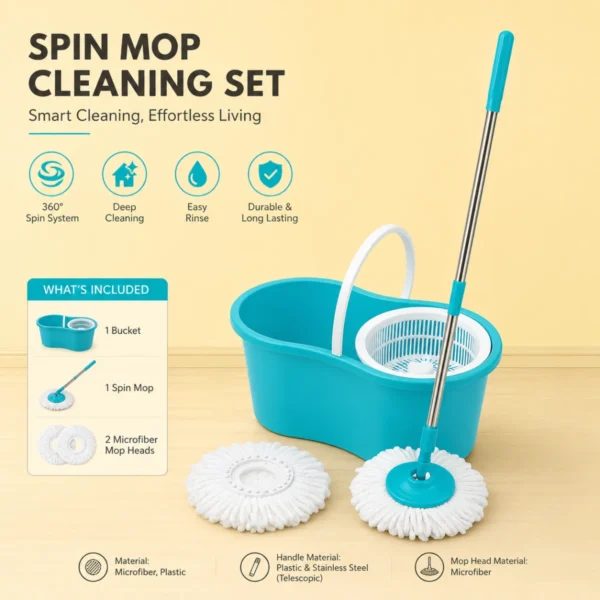 High-grade spin mop infographic showing features and premium included components.
