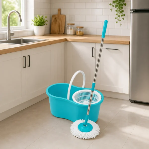 Best-in-class turquoise spin bucket and mop standing on modern tiles.