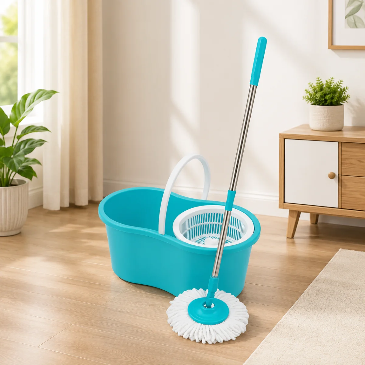 Premium countertop floor cleaning system with a vibrant turquoise spin bucket.
