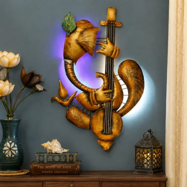 Ganesh Ji wall hanging decorative metal showpiece displayed on living room wall with elegant home décor