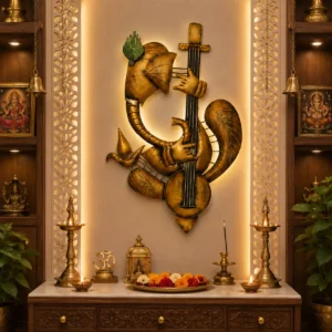 Spiritual Ganesh Ji wall hanging decorative showpiece placed in traditional pooja room with warm lighting
