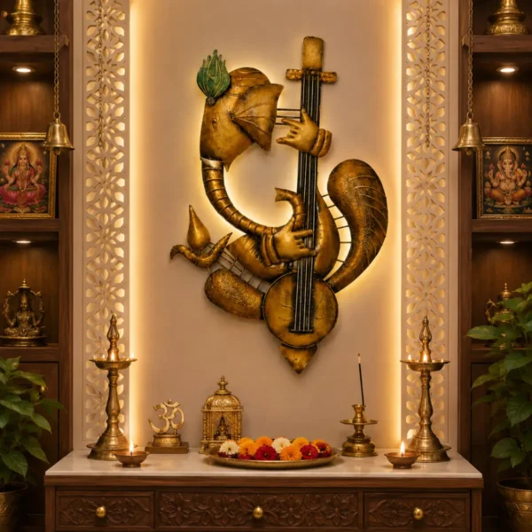 Spiritual Ganesh Ji wall hanging decorative showpiece placed in traditional pooja room with warm lighting