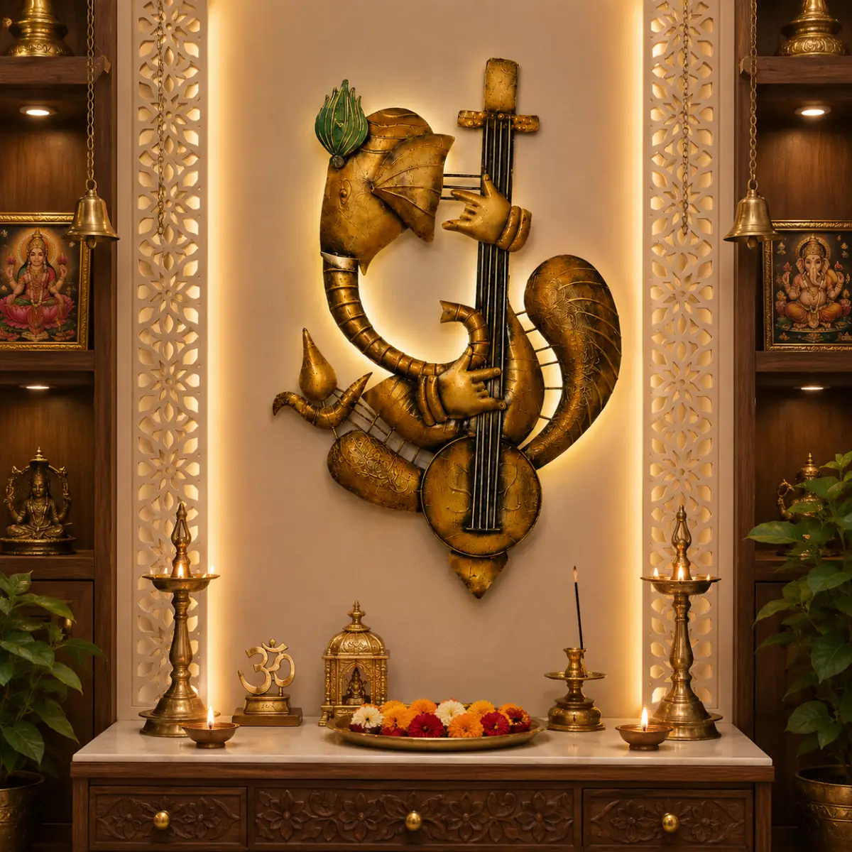 Spiritual Ganesh Ji wall hanging decorative showpiece placed in traditional pooja room with warm lighting
