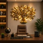 Elegant gold Buddha tree wall hanging with warm LED lights mounted in modern office interior