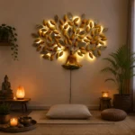 Gold Buddha tree wall hanging with LED lights displayed in peaceful meditation room decor