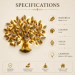 Gold Buddha tree with LED lights wall hanging specifications image showing metal iron material gold finish and Art Deco style