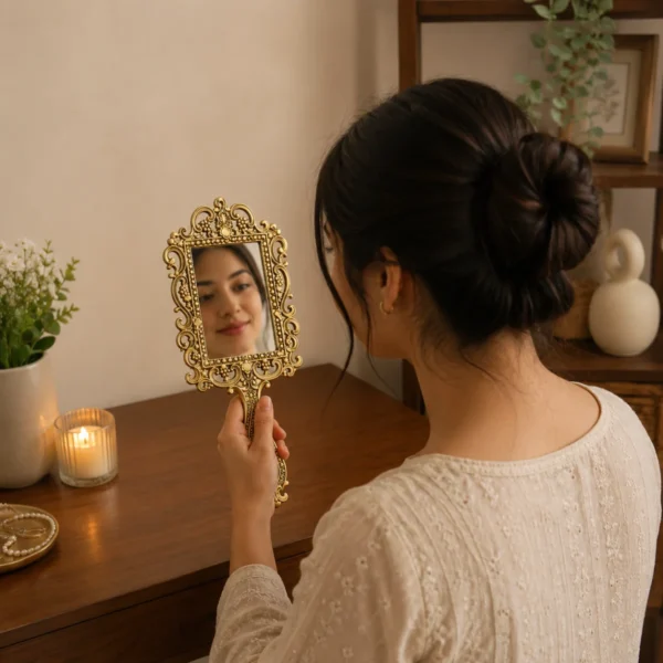 Woman using square shape gold plated metal hand mirror in elegant indoor vanity setup