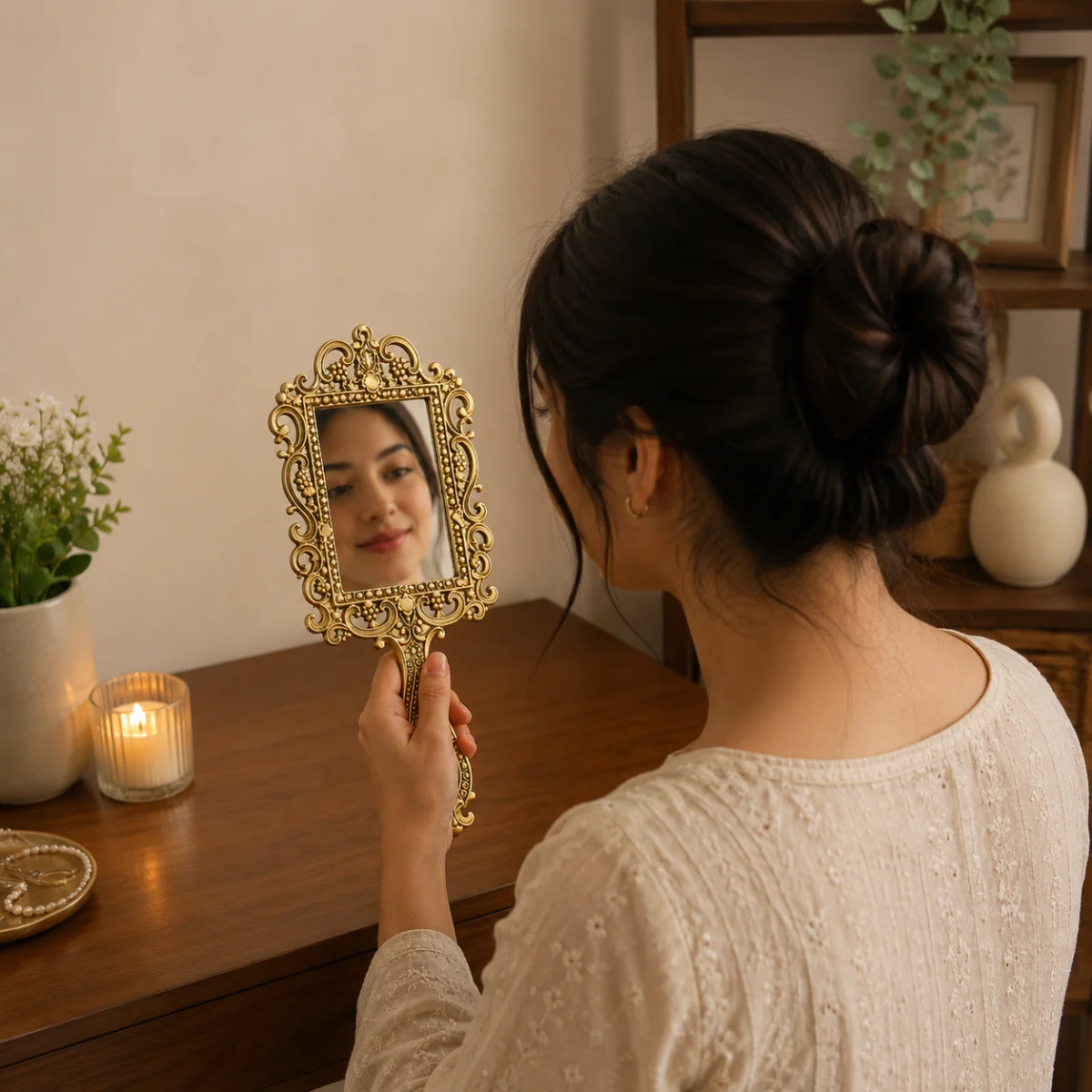 Woman using square shape gold plated metal hand mirror in elegant indoor vanity setup