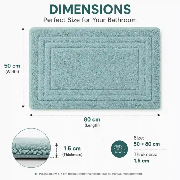 Premium aqua bath mat displaying size, thickness, and bathroom-friendly dimensions.