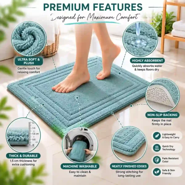 High-quality aqua bath mat highlighting absorbent, washable, soft, and non-slip features.