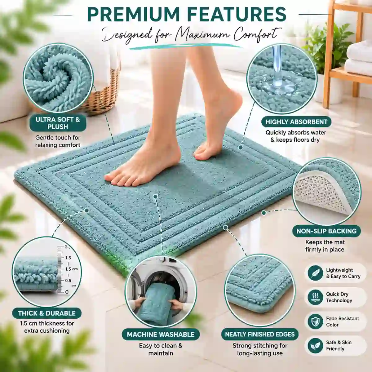 High-quality aqua bath mat highlighting absorbent, washable, soft, and non-slip features.