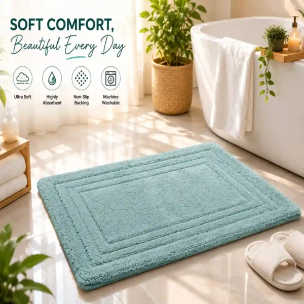 Premium aqua cotton bath mat with ultra-soft texture and absorbent surface.
