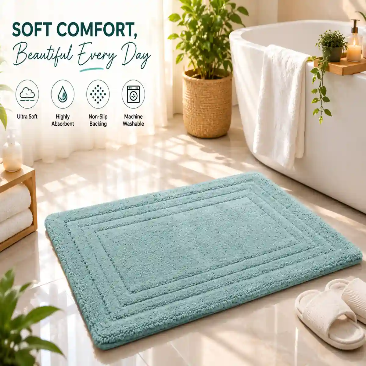 Premium aqua cotton bath mat with ultra-soft texture and absorbent surface.