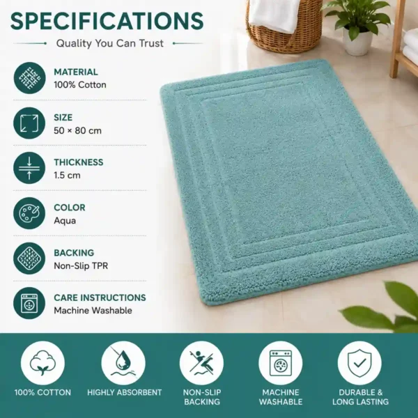 Durable aqua bath mat featuring cotton material, non-slip backing, and machine washable design.