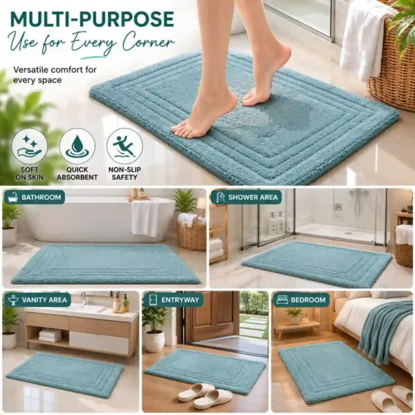 Versatile aqua bath mat suitable for bathroom, bedroom, shower area, and entryway.