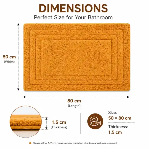 Premium mustard yellow bath mat showing size, thickness, and cushioned comfort details.