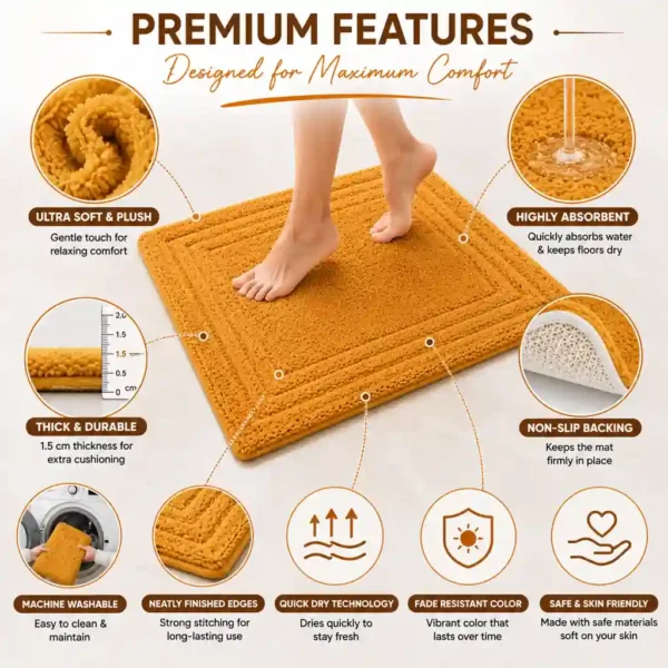High-quality mustard bath mat featuring absorbent, washable, soft, and non-slip design.