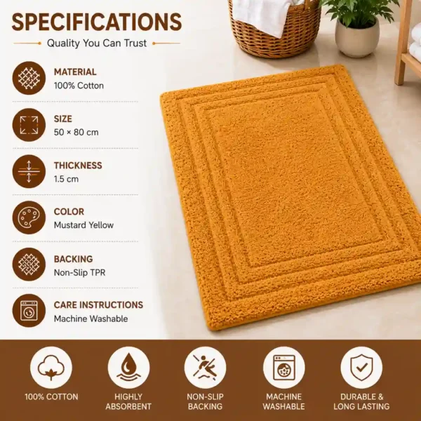 Durable mustard bath mat with cotton material, non-slip backing, and washable construction.