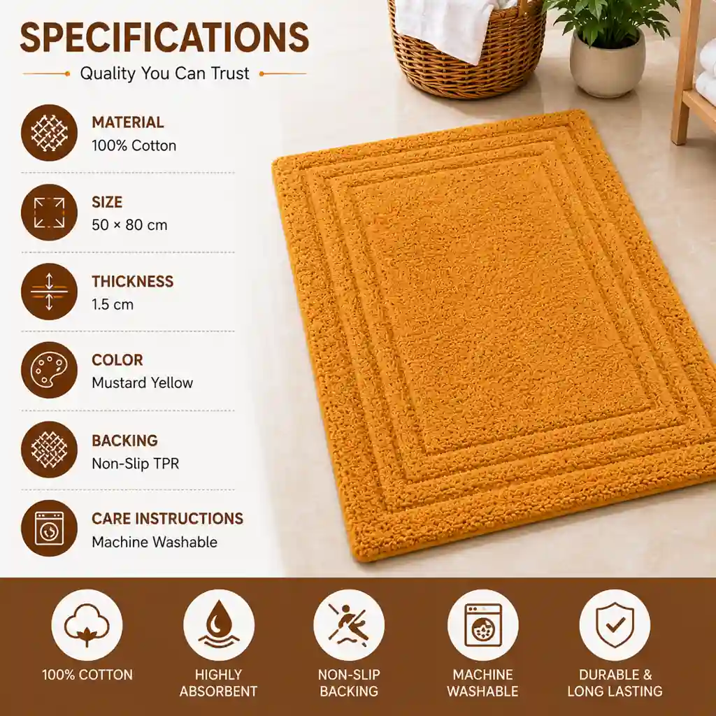 Durable mustard bath mat with cotton material, non-slip backing, and washable construction.