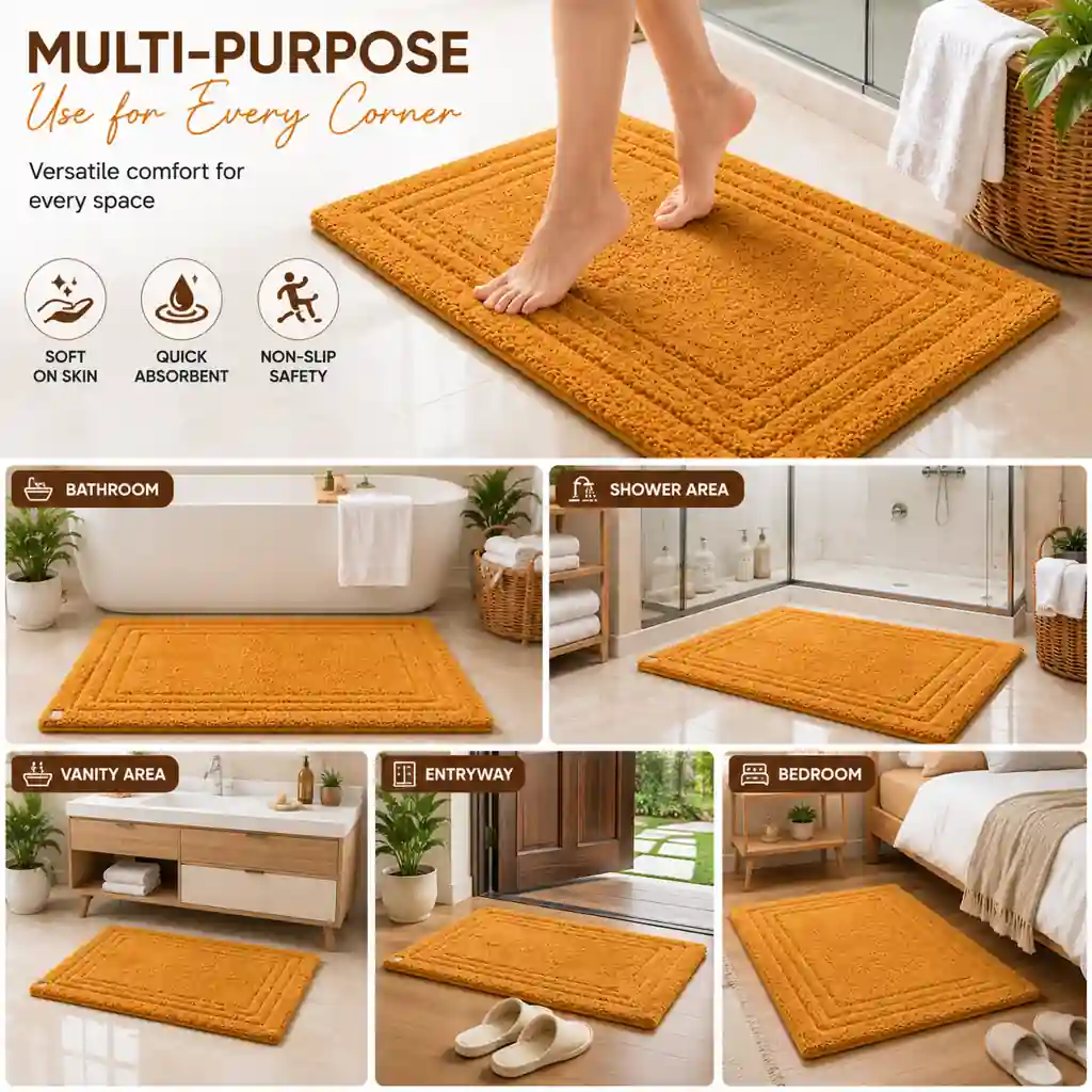 Versatile mustard yellow bath mat suitable for bathroom, bedroom, shower, and entryway.