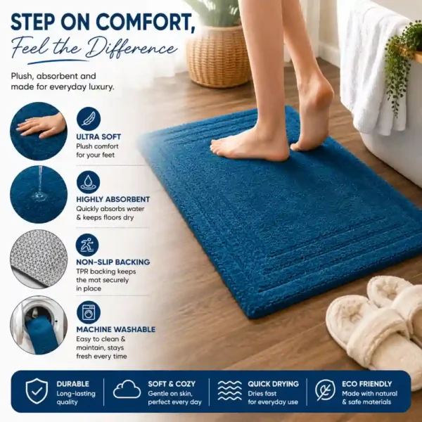 Premium blue bath mat with soft cushioning, absorbent surface, and non-slip backing.