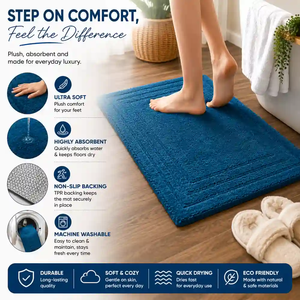Premium blue bath mat with soft cushioning, absorbent surface, and non-slip backing.