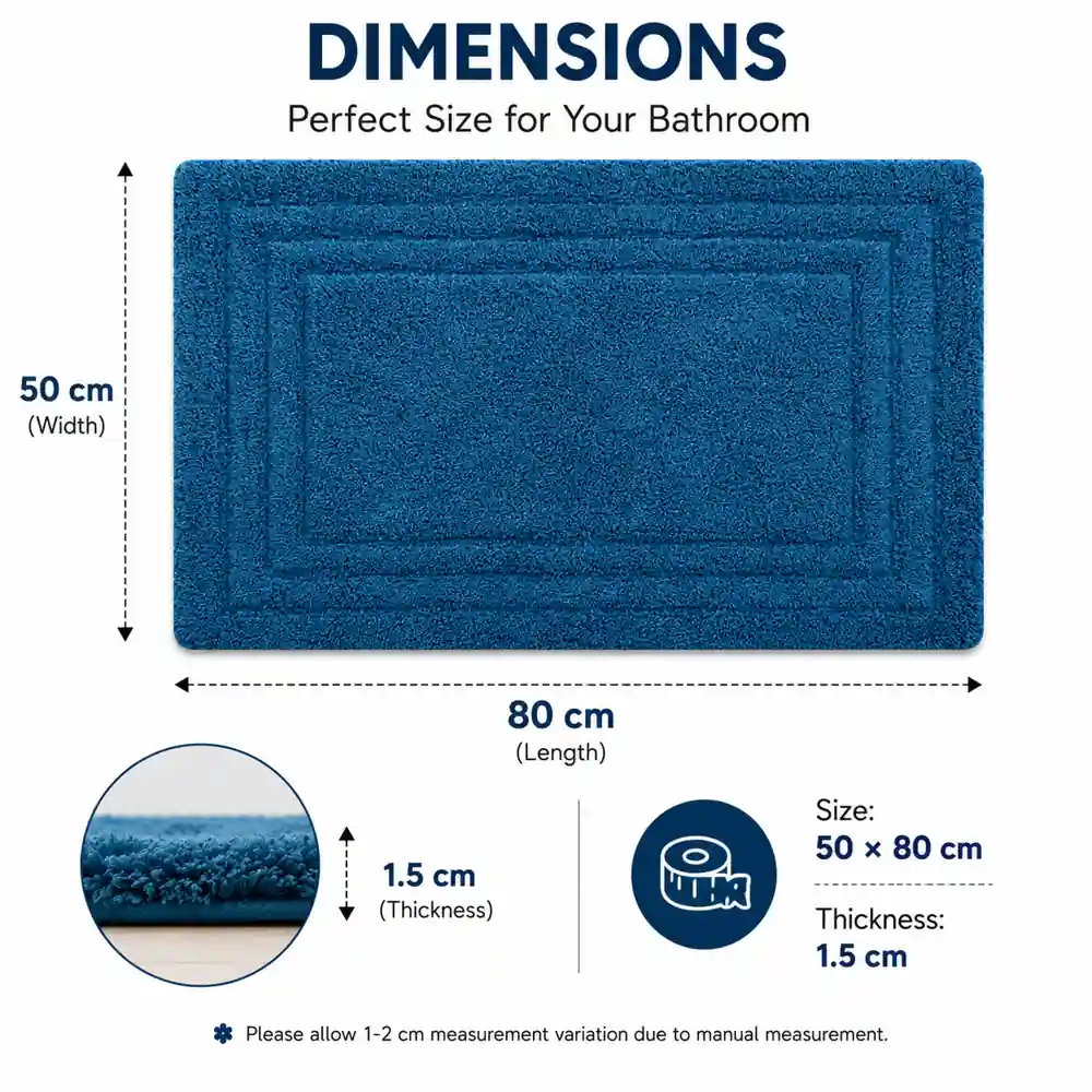 Durable blue bath mat displaying size dimensions and thick cushioned construction.