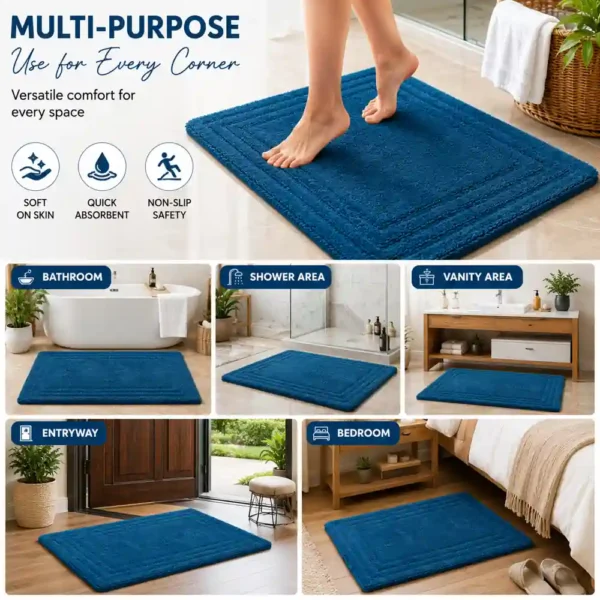 Versatile blue bath mat suitable for bathroom, shower area, bedroom, and entryway.