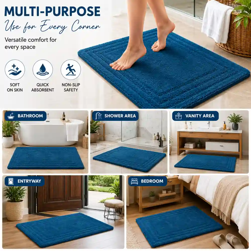 Versatile blue bath mat suitable for bathroom, shower area, bedroom, and entryway.