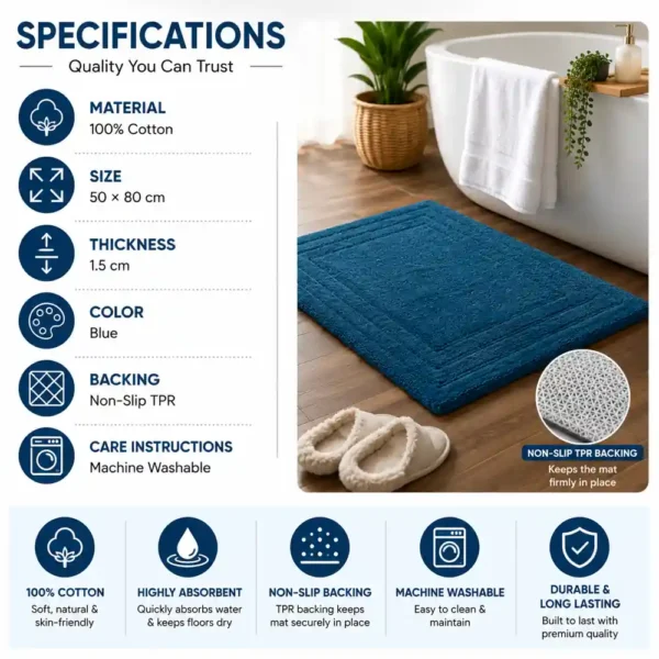 High-quality blue bath mat with cotton material, non-slip backing, and washable design.