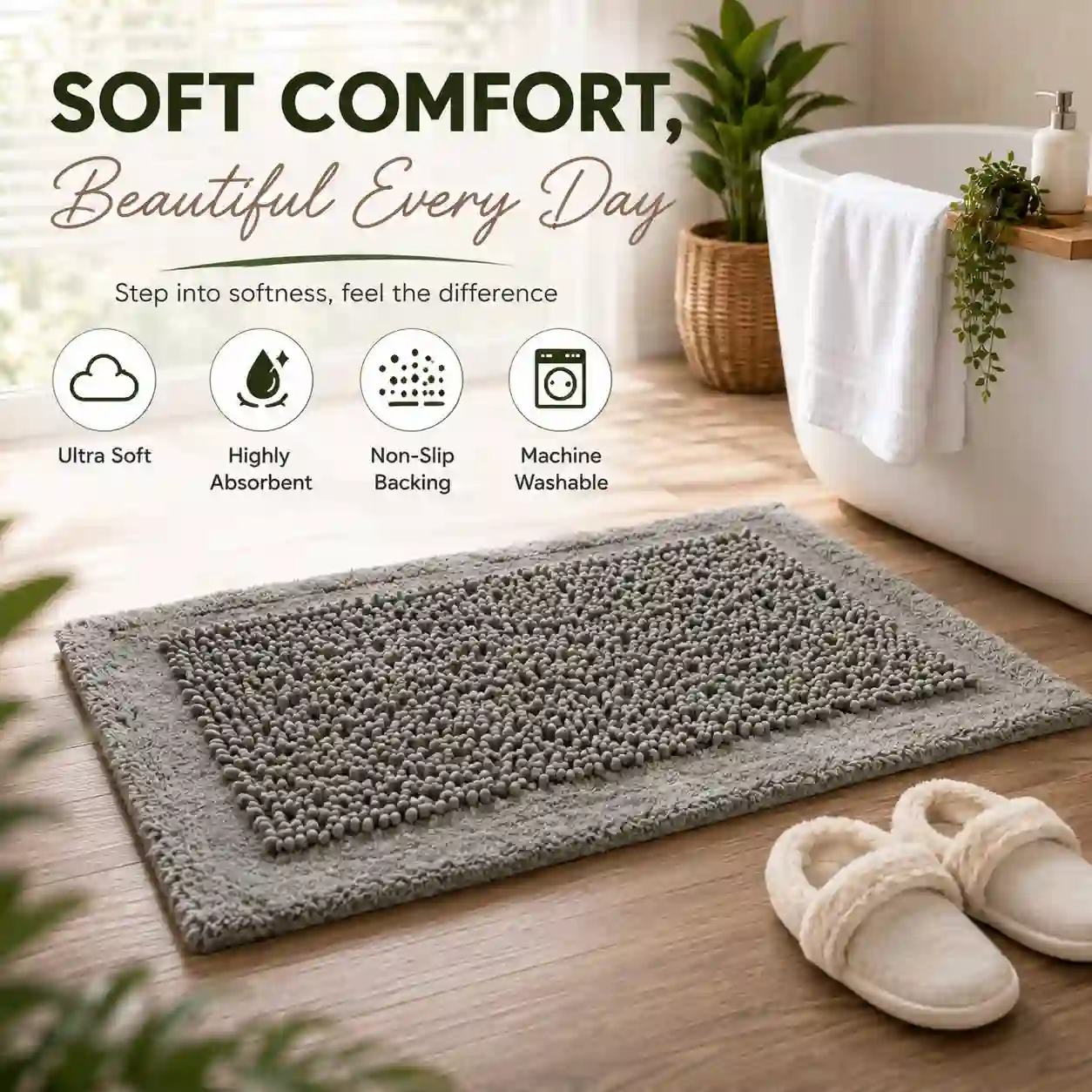 Ultra-soft gray bath mat with quick-drying absorbent surface for daily comfort.