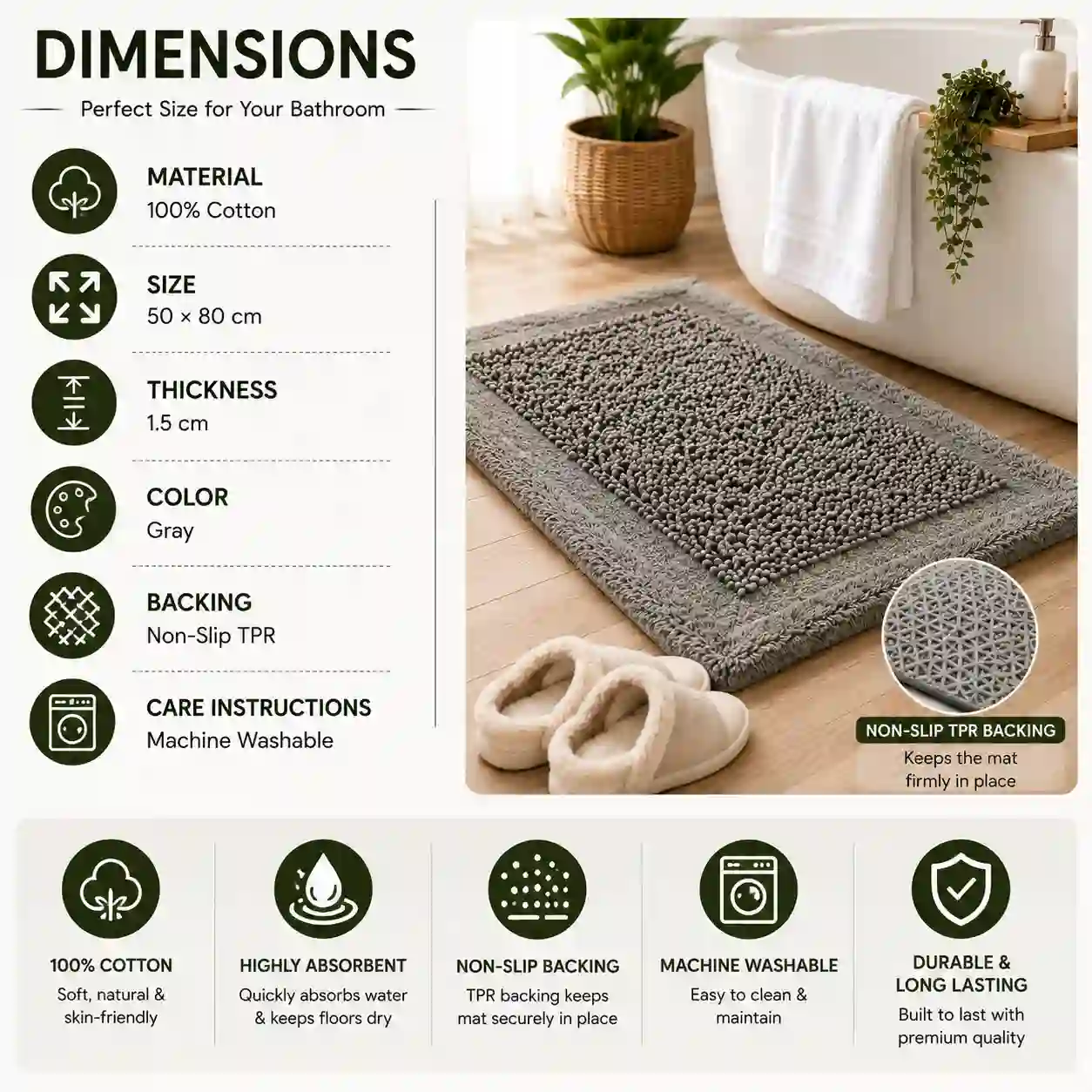 Durable gray bath mat showing size, thickness, and non-slip backing details.