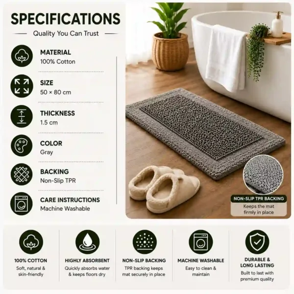 Premium gray cotton bath mat with non-slip backing and machine washable design.