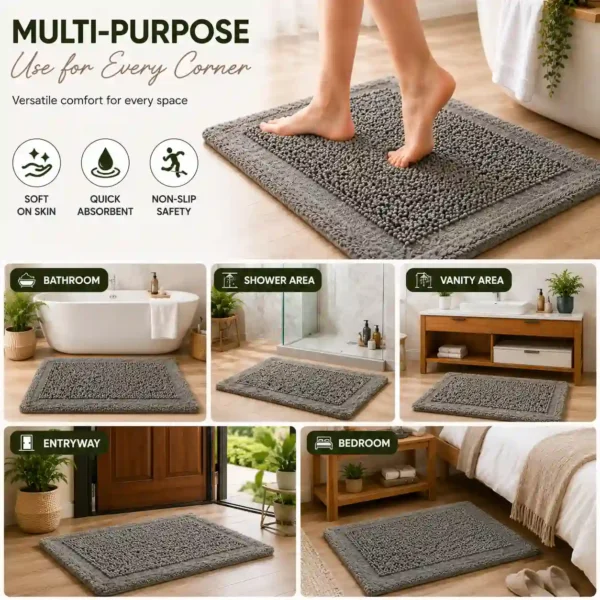 Versatile gray bath mat suitable for bathroom, shower area, bedroom, and entryway.