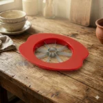 High-quality apple corer and slicer placed on rustic wooden table in kitchen.
