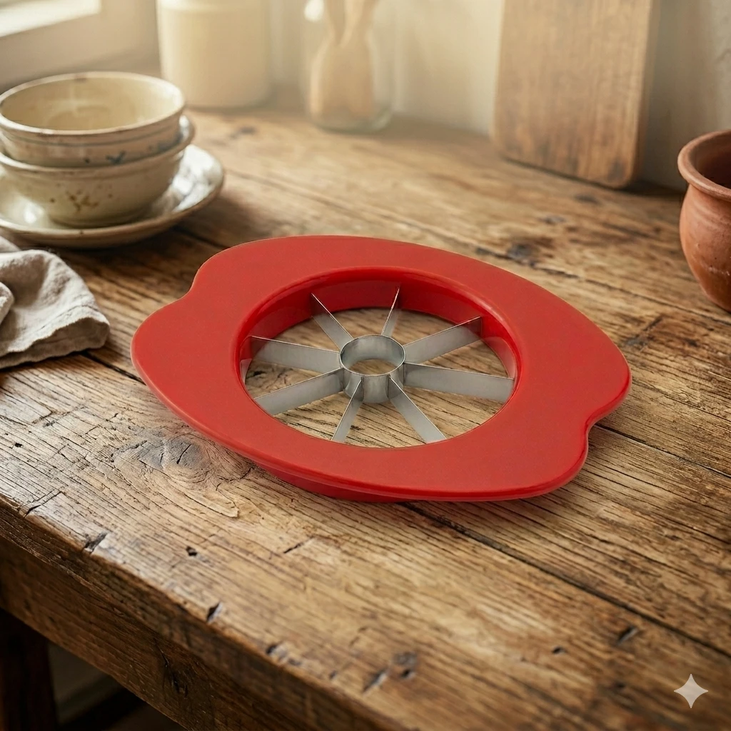High-quality apple corer and slicer placed on rustic wooden table in kitchen.