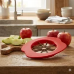 Efficient apple slicer with sharp steel blades beside fresh apples in kitchen.