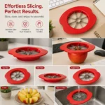 Versatile apple slicer showing top, side, angled views and key product features.