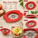 Professional apple cutter featuring detailed views, slicing results and premium steel blades.