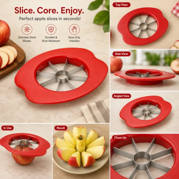 Professional apple cutter featuring detailed views, slicing results and premium steel blades.