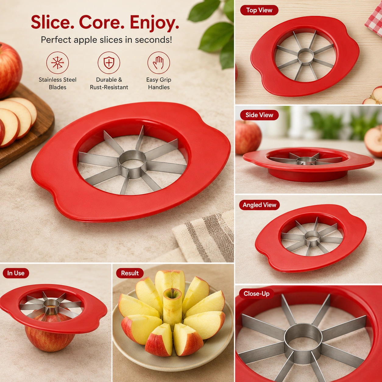 Professional apple cutter featuring detailed views, slicing results and premium steel blades.