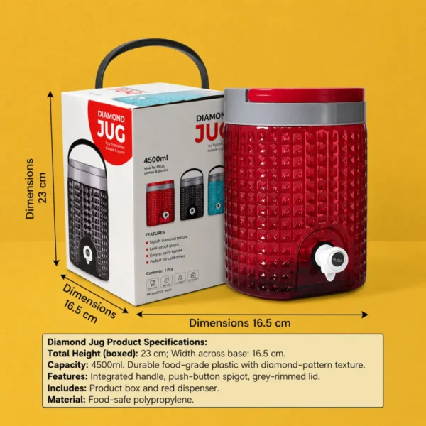 Dimensioned high-quality Diamond Jug beverage dispenser showing exact specifications clearly.